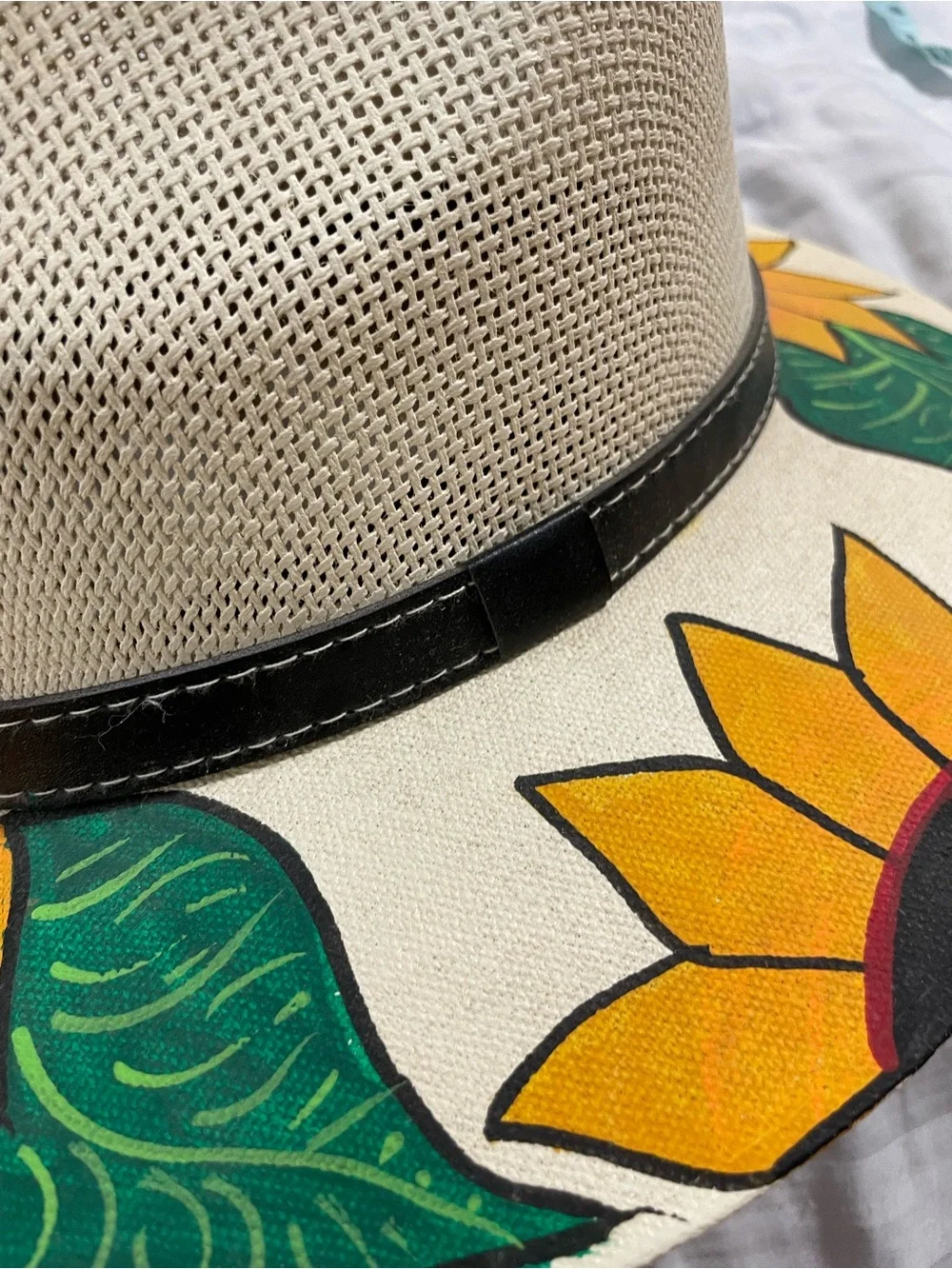 MX Mexico cream woven straw fedora hat black band hand painted sunflowers MEDIUM